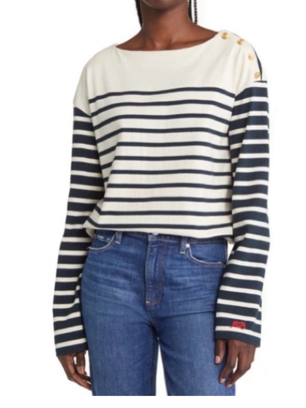 rag & bone Navy and White Striped Long-Sleeve Tee with Gold Shoulder Buttons